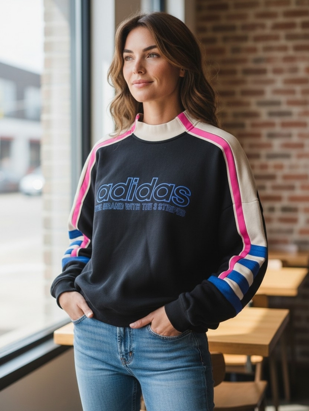 Adidas Originals Mock Neck Moto Sweatshirt M Black Blue Pink Retro Y2K